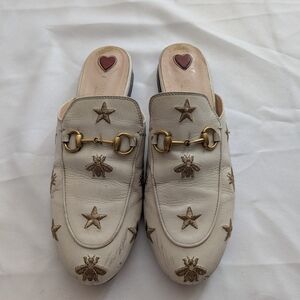 Gucci Princetown mules in white leather with gold embroidered Size 36 1/2